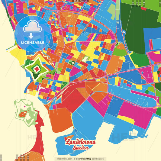 Landskrona, Sweden Crazy Colorful Street Map Poster Template