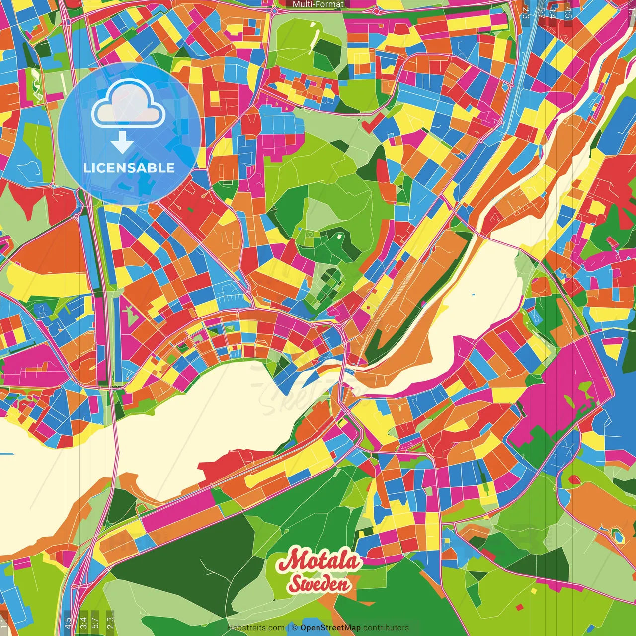 Motala, Sweden Crazy Colorful Street Map Poster Template