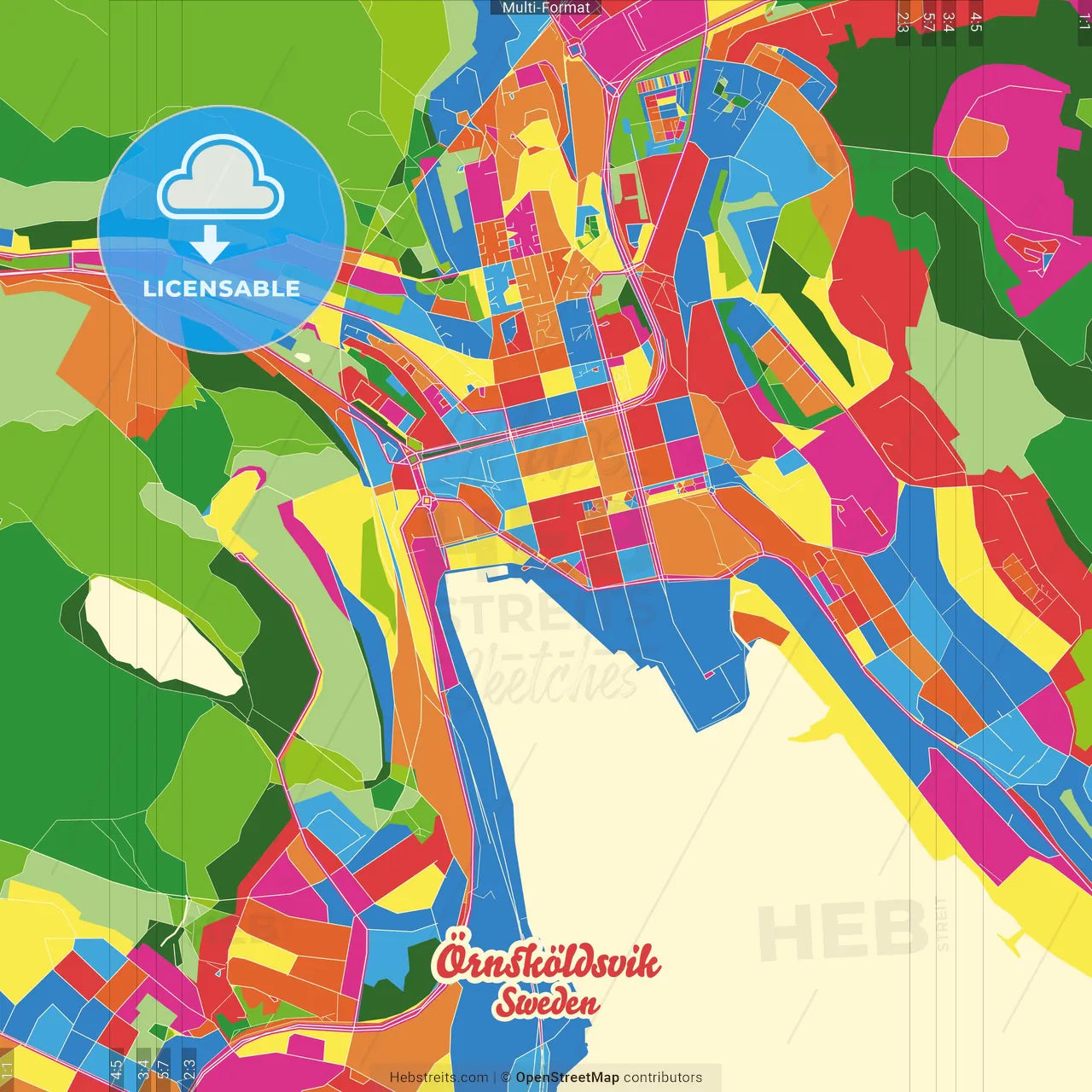 Örnsköldsvik, Sweden Crazy Colorful Street Map Poster Template