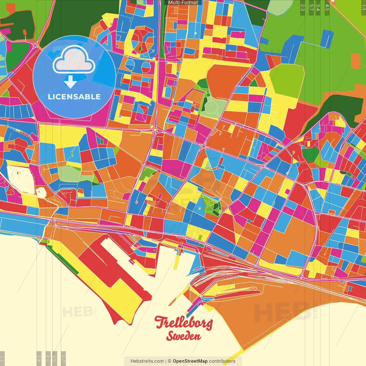 Trelleborg, Sweden Crazy Colorful Street Map Poster Template