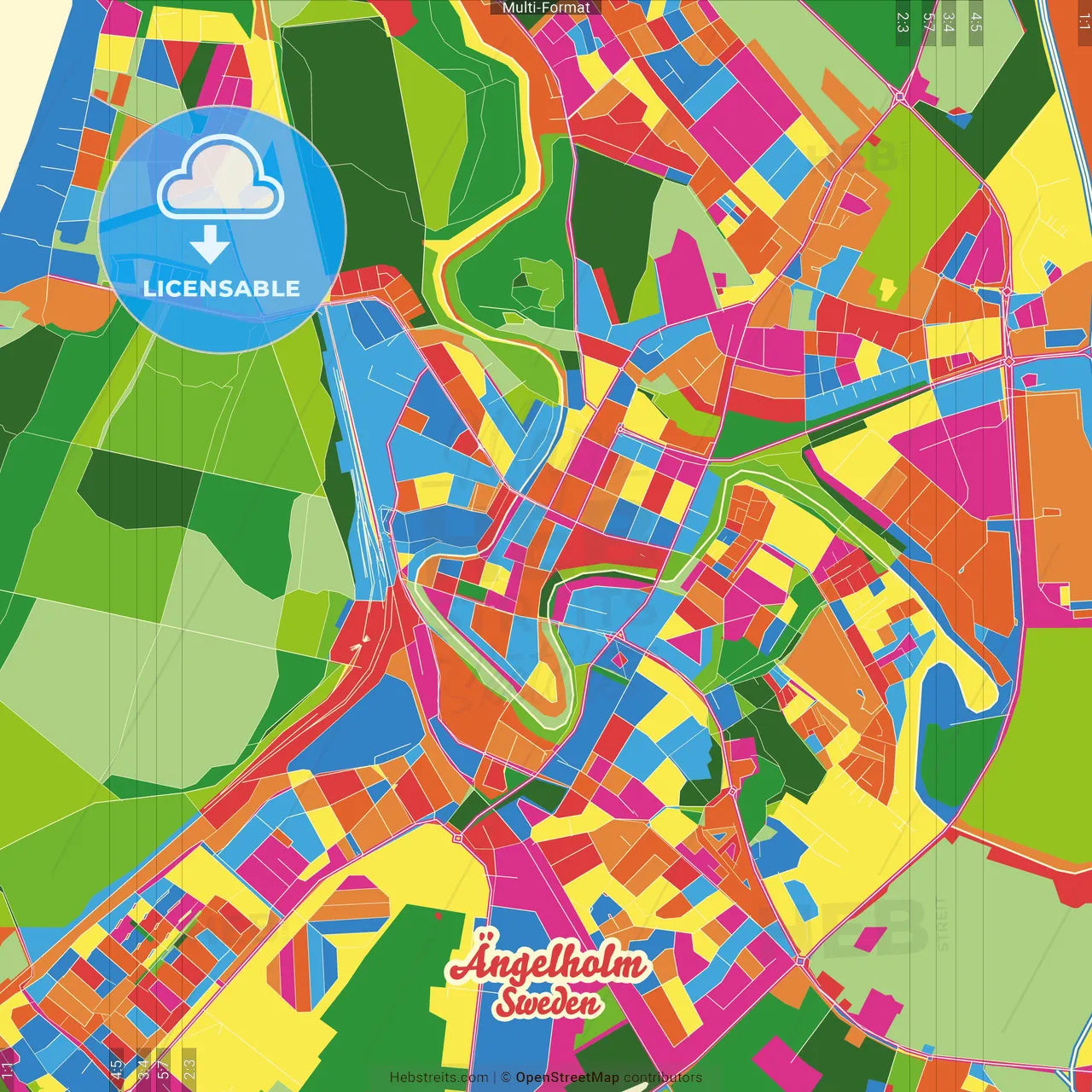 Ängelholm, Sweden Crazy Colorful Street Map Poster Template