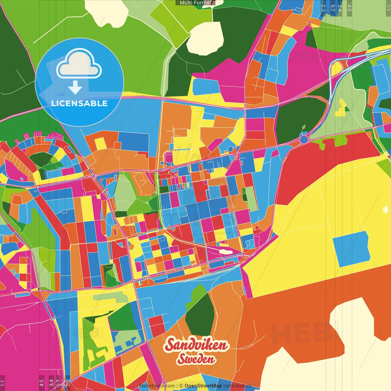 Sandviken, Sweden Crazy Colorful Street Map Poster Template
