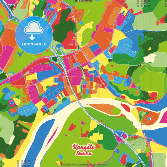 Kungälv, Sweden Crazy Colorful Street Map Poster Template