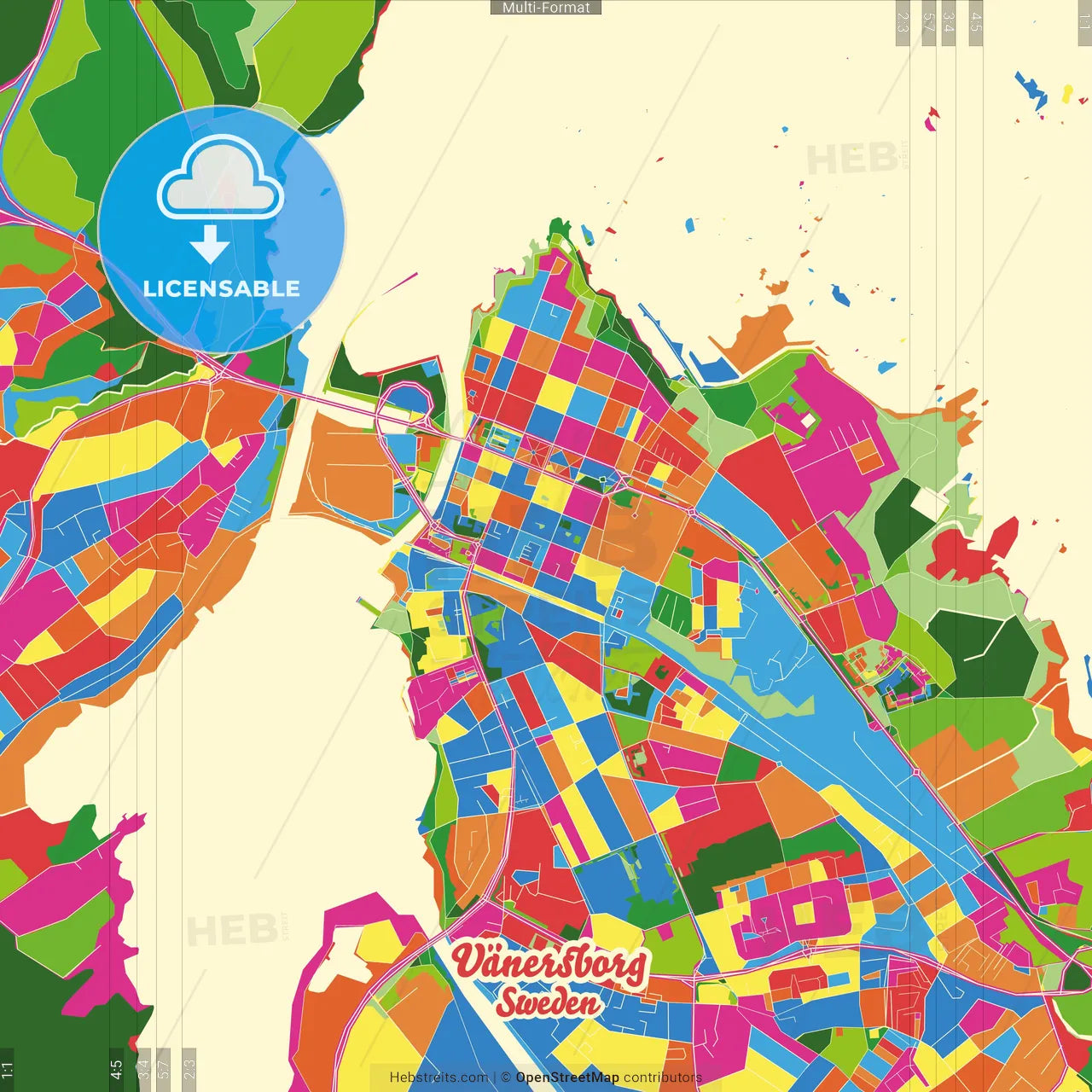 Vänersborg, Sweden Crazy Colorful Street Map Poster Template