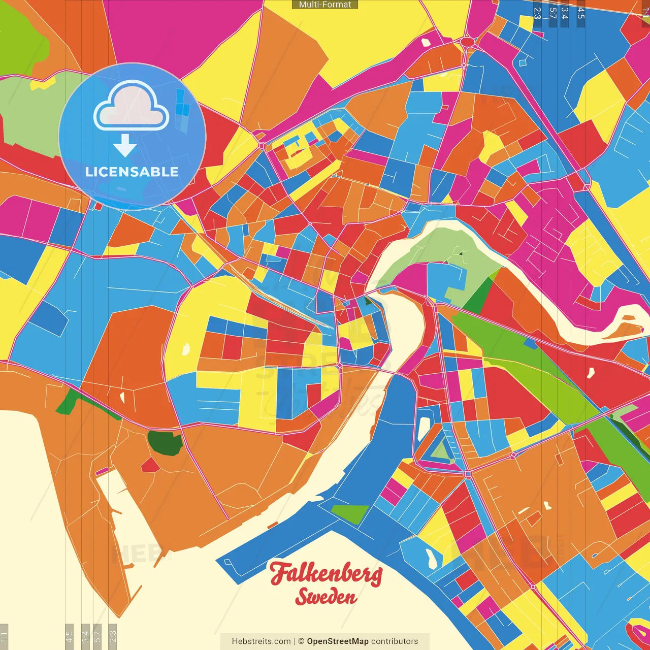 Falkenberg, Sweden Crazy Colorful Street Map Poster Template