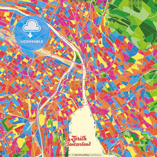 Zürich, Switzerland Crazy Colorful Street Map Poster Template
