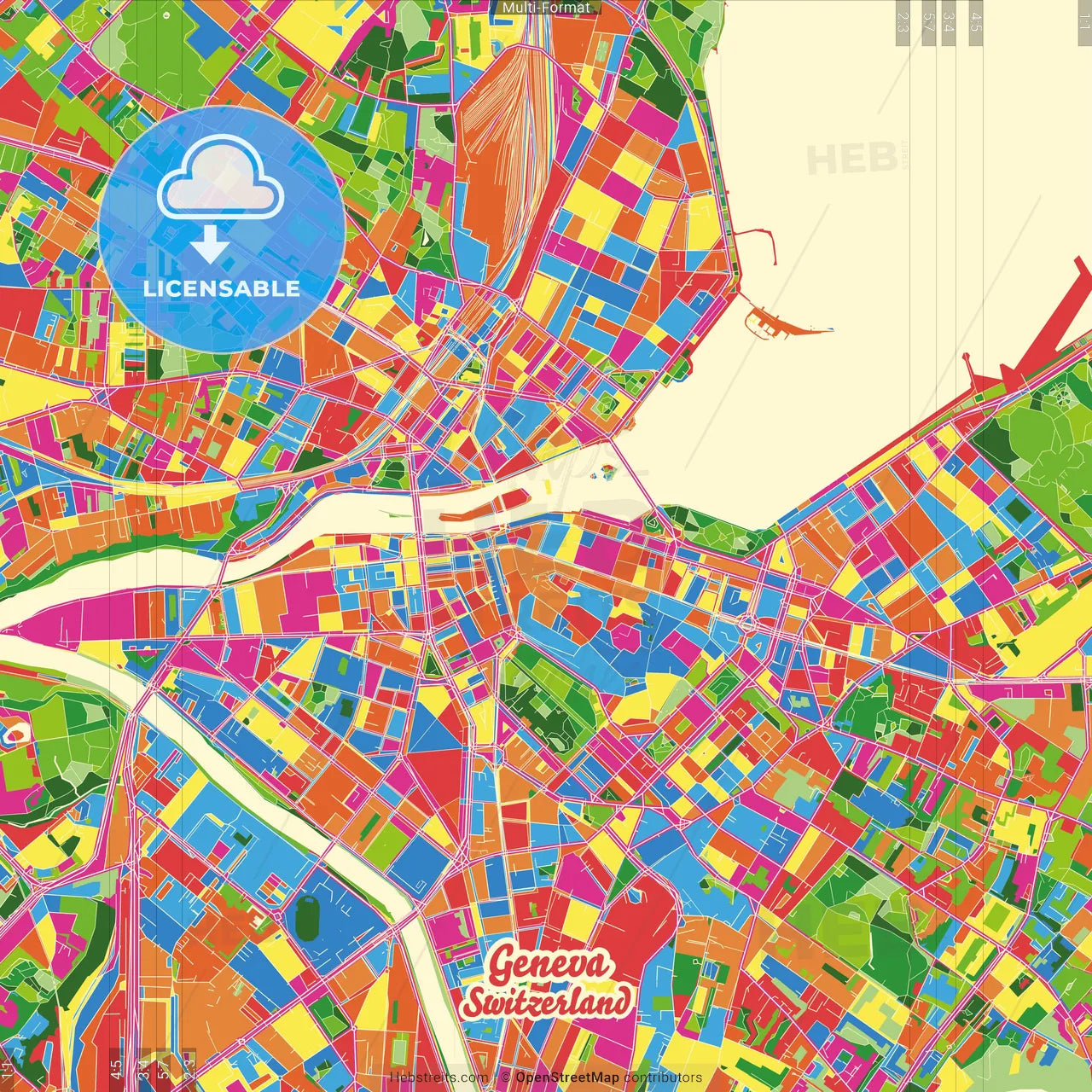 Geneva, Switzerland Crazy Colorful Street Map Poster Template