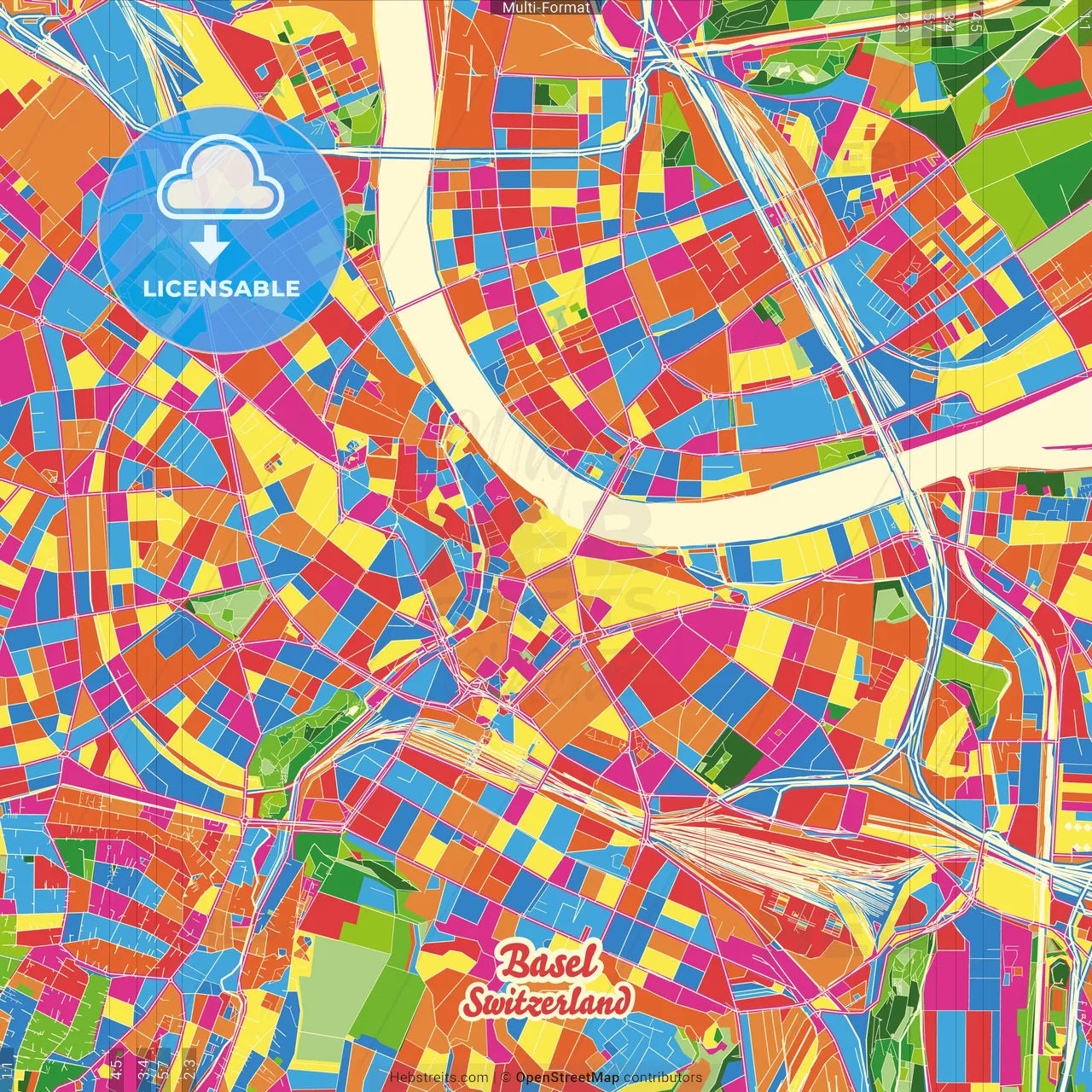 Basel, Switzerland Crazy Colorful Street Map Poster Template