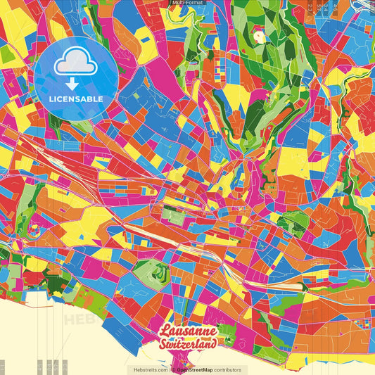 Lausanne, Switzerland Crazy Colorful Street Map Poster Template
