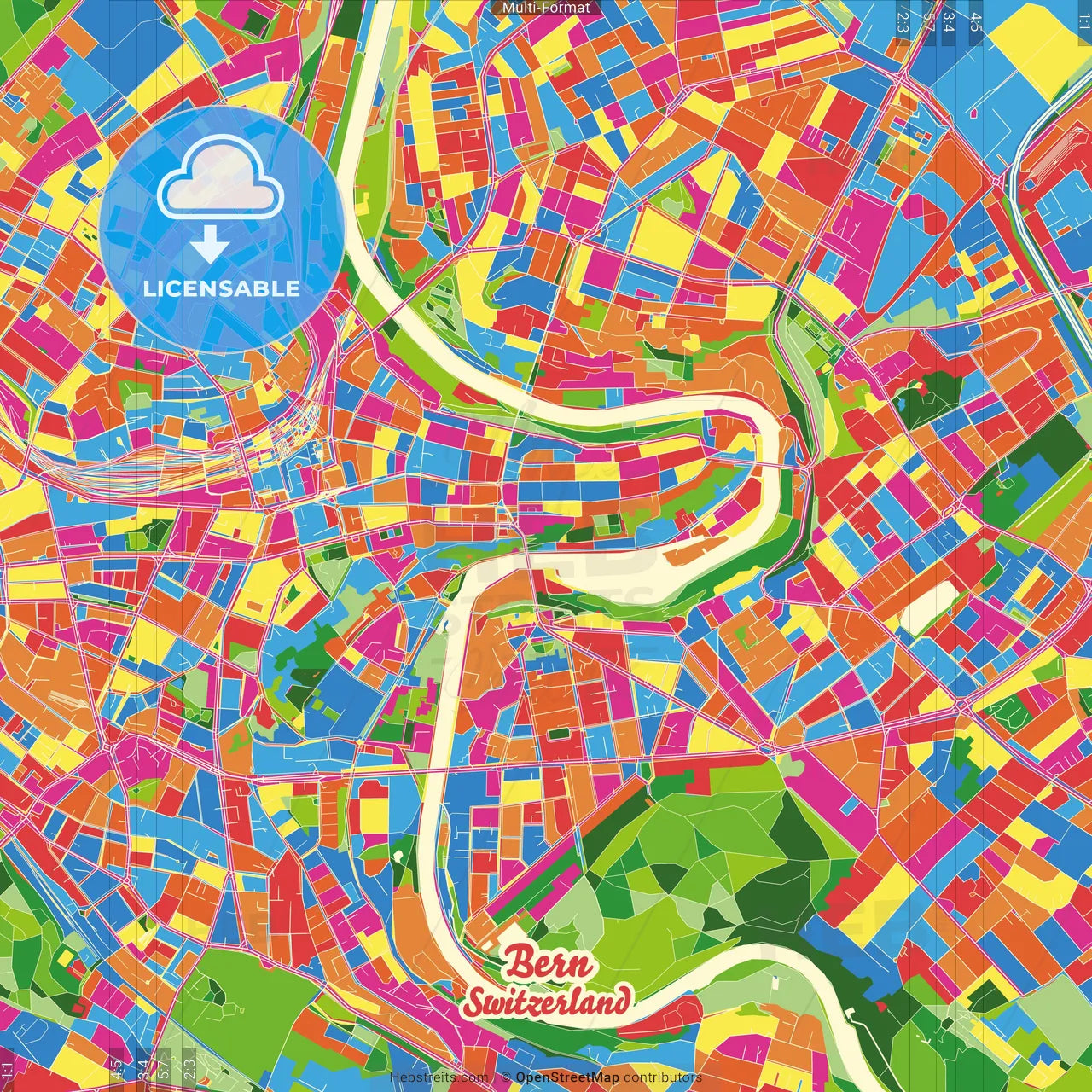 Bern, Switzerland Crazy Colorful Street Map Poster Template