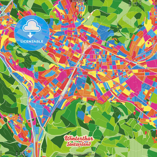 Winterthur, Switzerland Crazy Colorful Street Map Poster Template