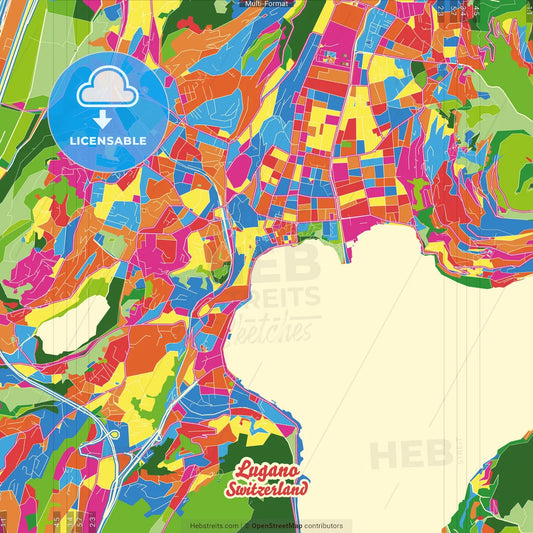 Lugano, Switzerland Crazy Colorful Street Map Poster Template