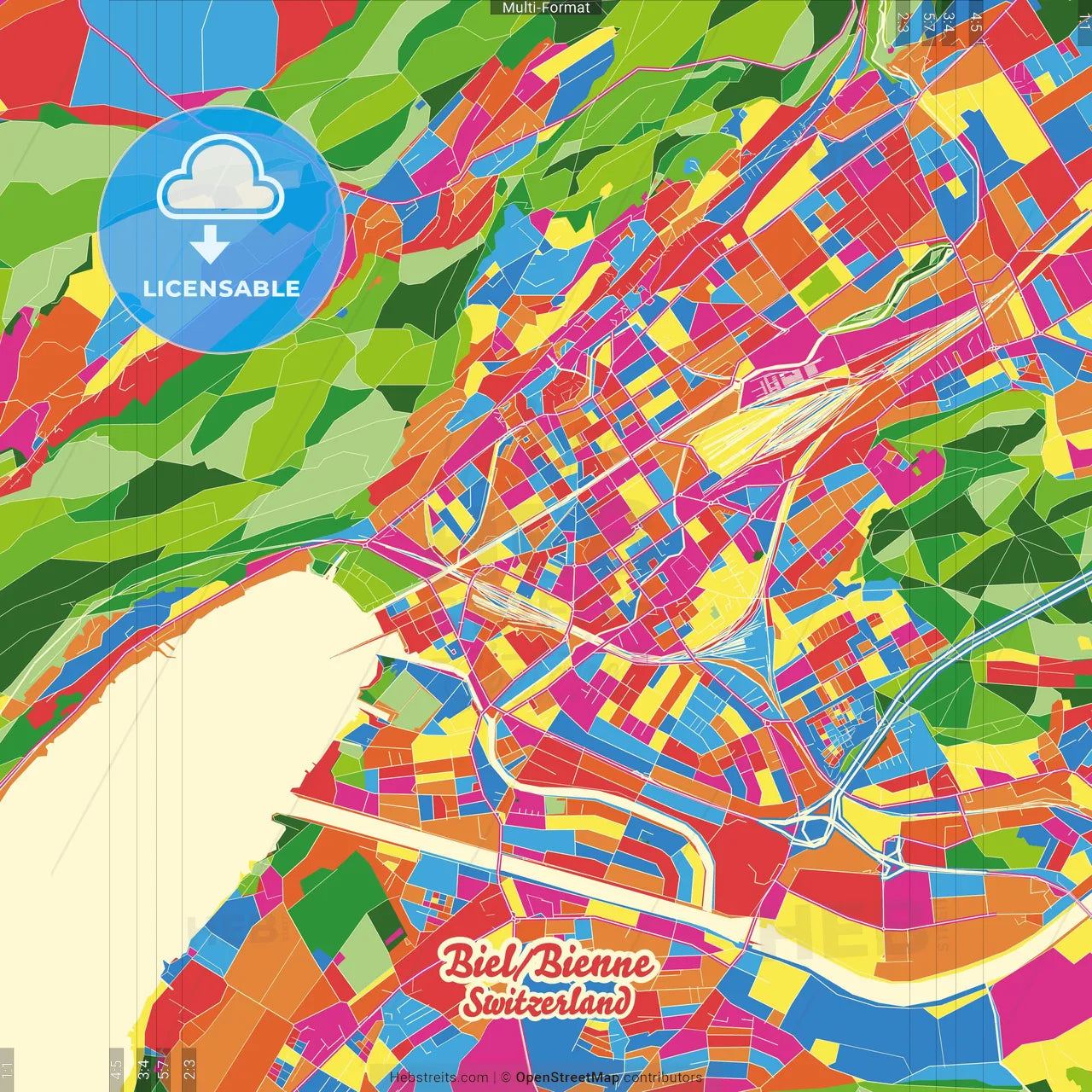 Biel/Bienne, Switzerland Crazy Colorful Street Map Poster Template