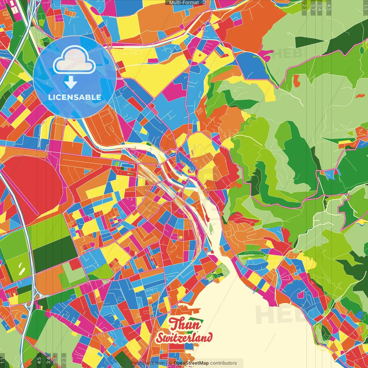 Thun, Switzerland Crazy Colorful Street Map Poster Template
