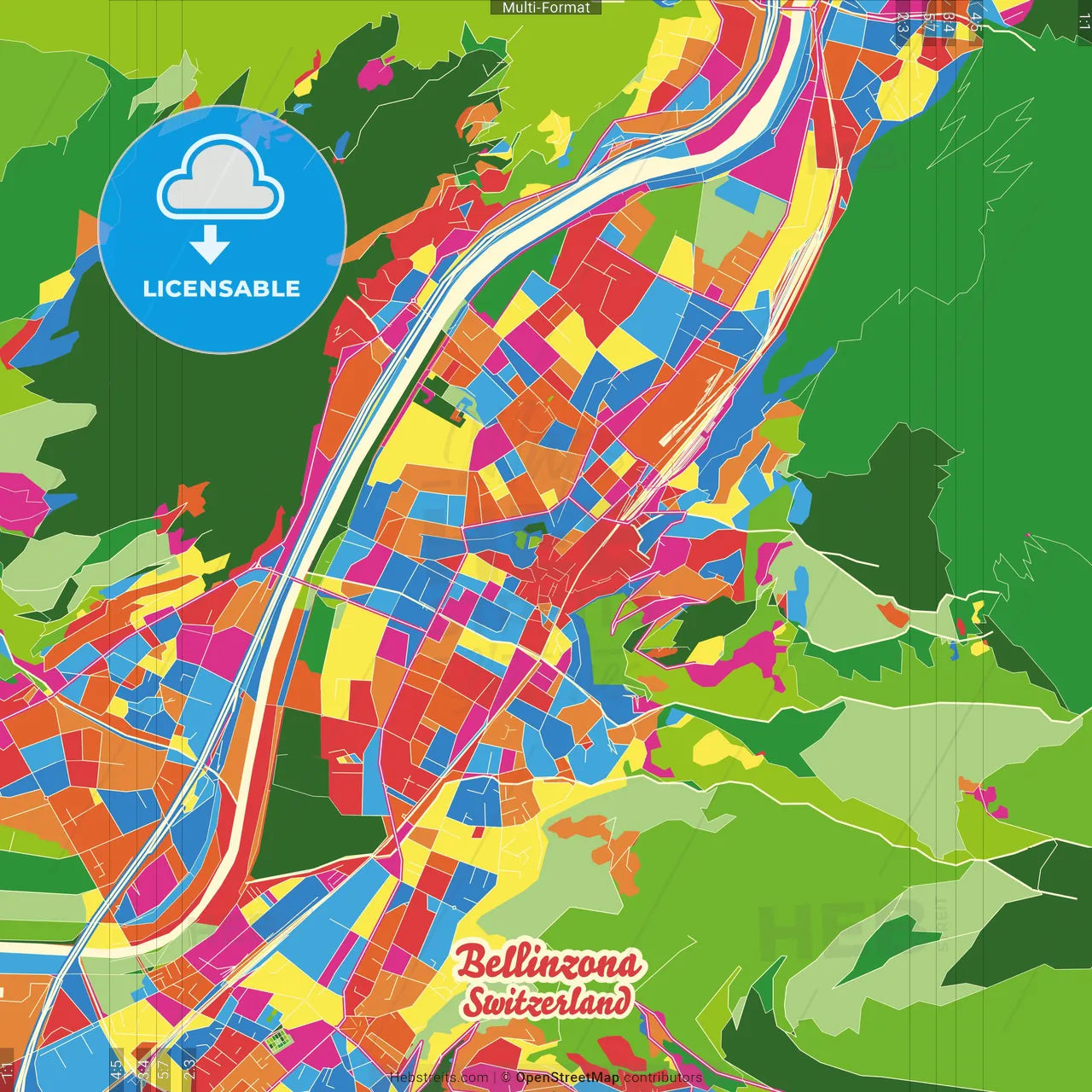 Bellinzona, Switzerland Crazy Colorful Street Map Poster Template