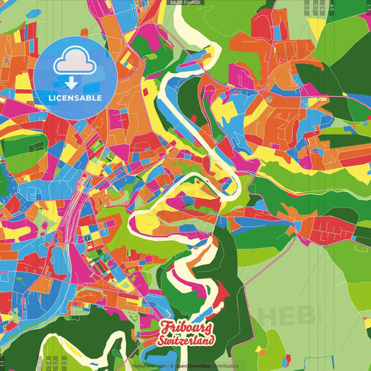 Fribourg, Switzerland Crazy Colorful Street Map Poster Template