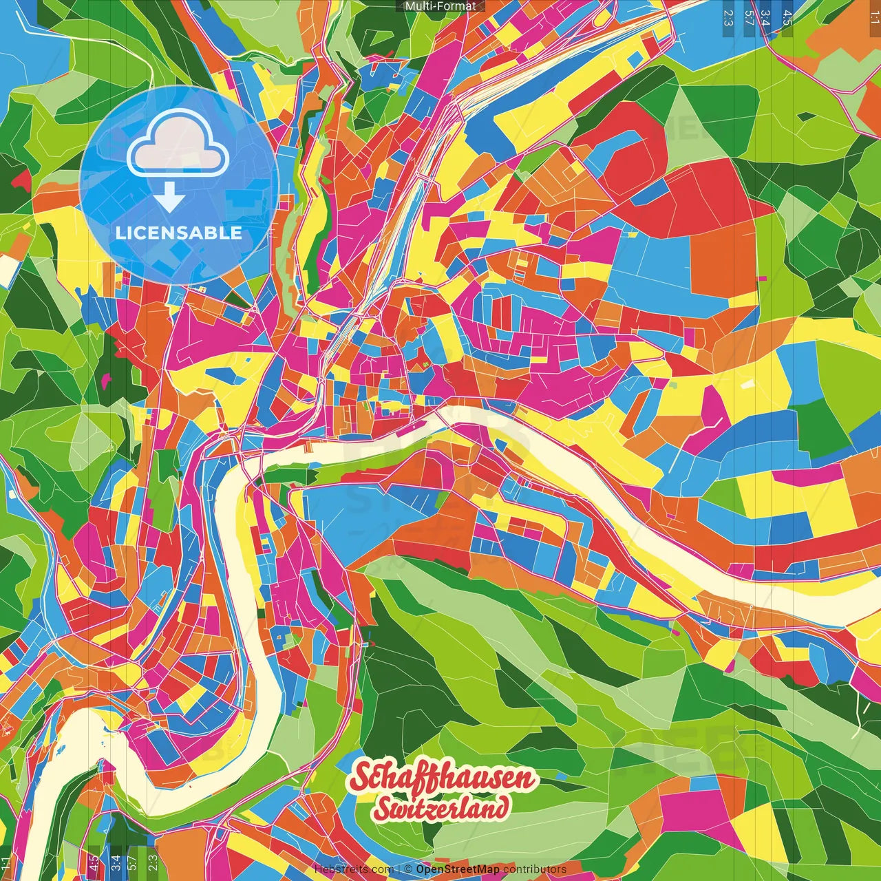 Schaffhausen, Switzerland Crazy Colorful Street Map Poster Template