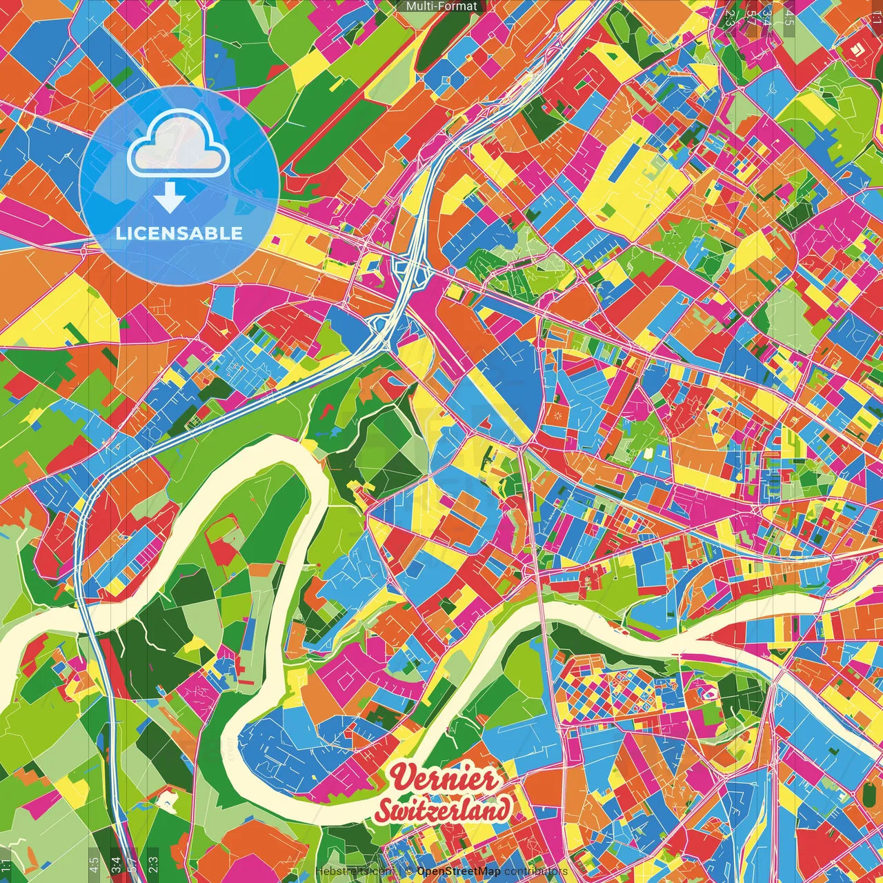 Vernier, Switzerland Crazy Colorful Street Map Poster Template