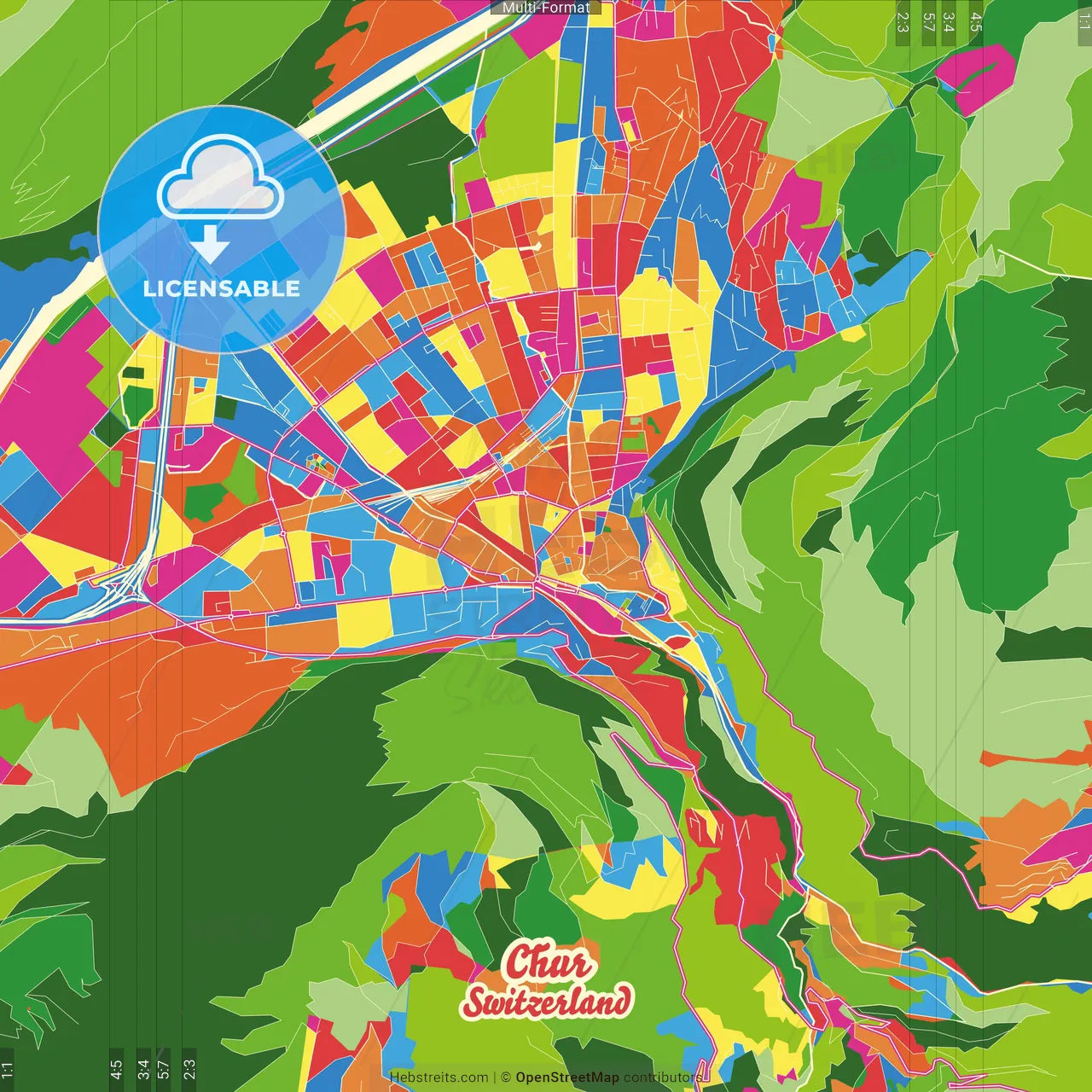 Chur, Switzerland Crazy Colorful Street Map Poster Template
