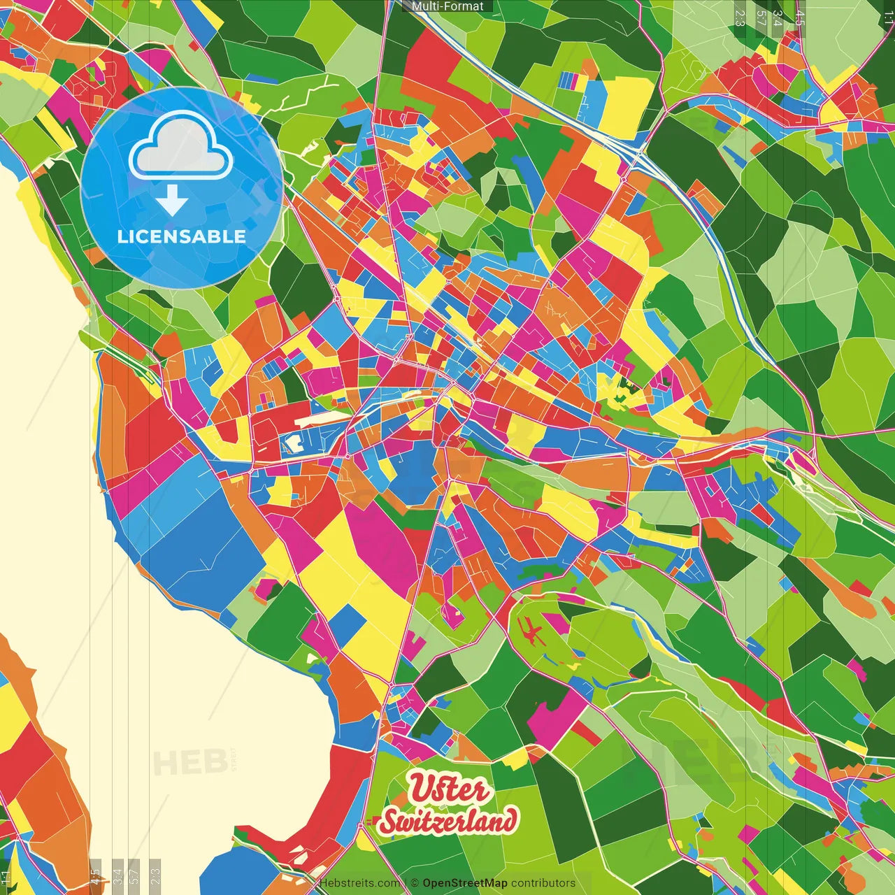 Uster, Switzerland Crazy Colorful Street Map Poster Template