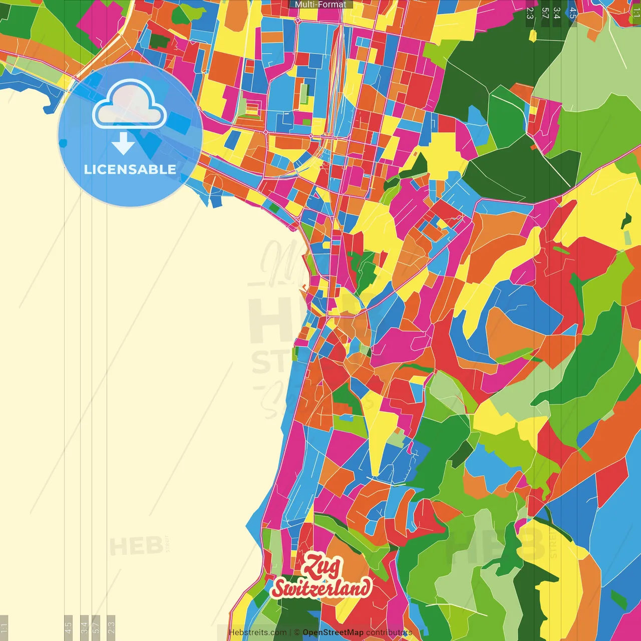 Zug, Switzerland Crazy Colorful Street Map Poster Template