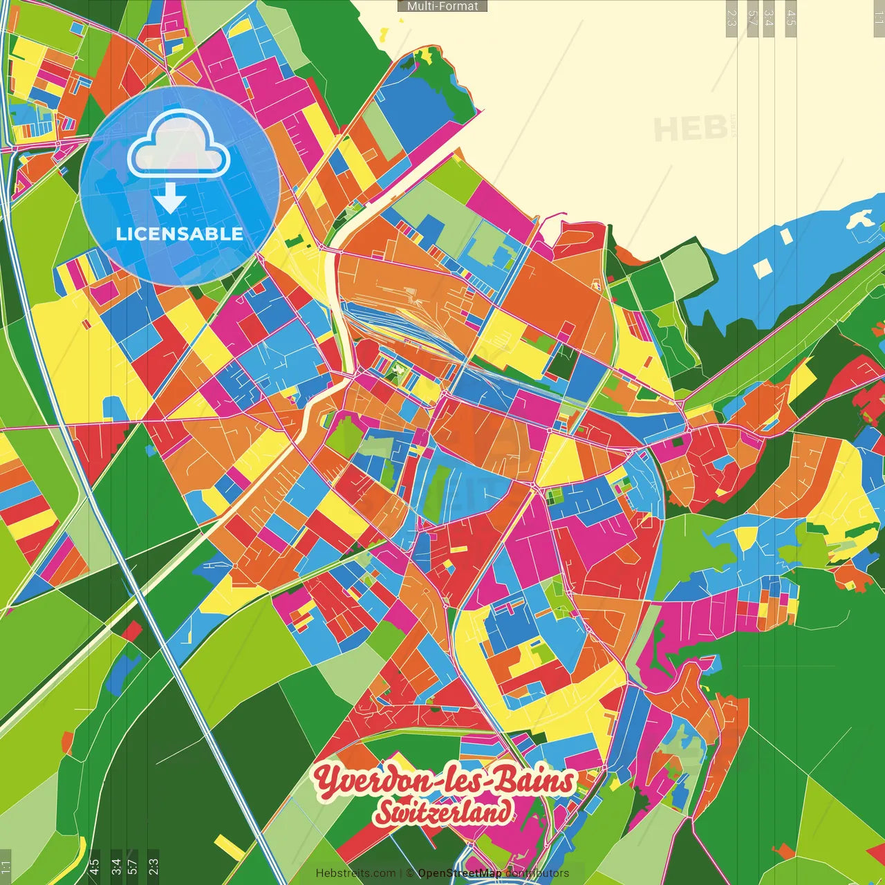 Yverdon-les-Bains, Switzerland Crazy Colorful Street Map Poster Template