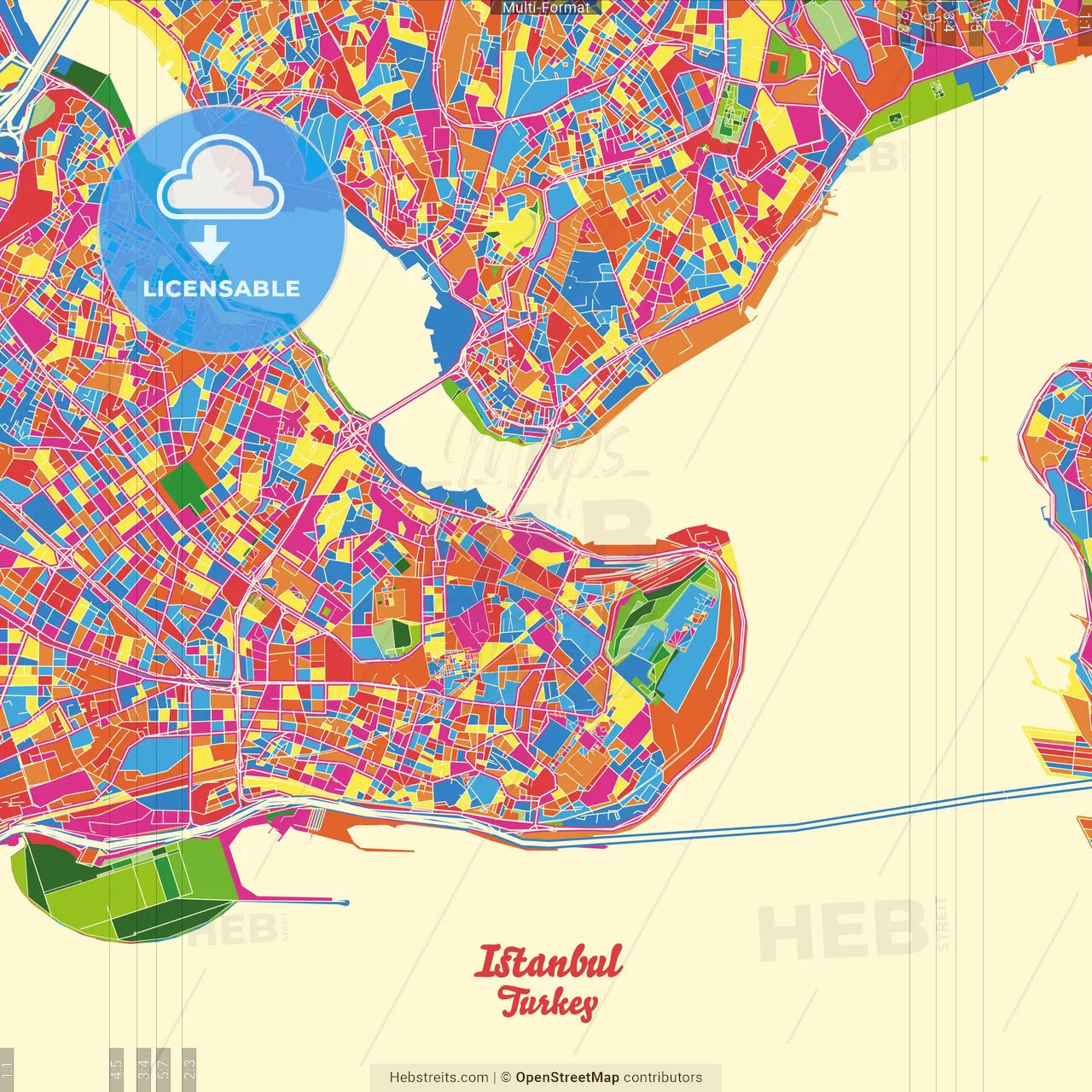 Istanbul, Istanbul, Turkey Crazy Colorful Street Map Poster Template