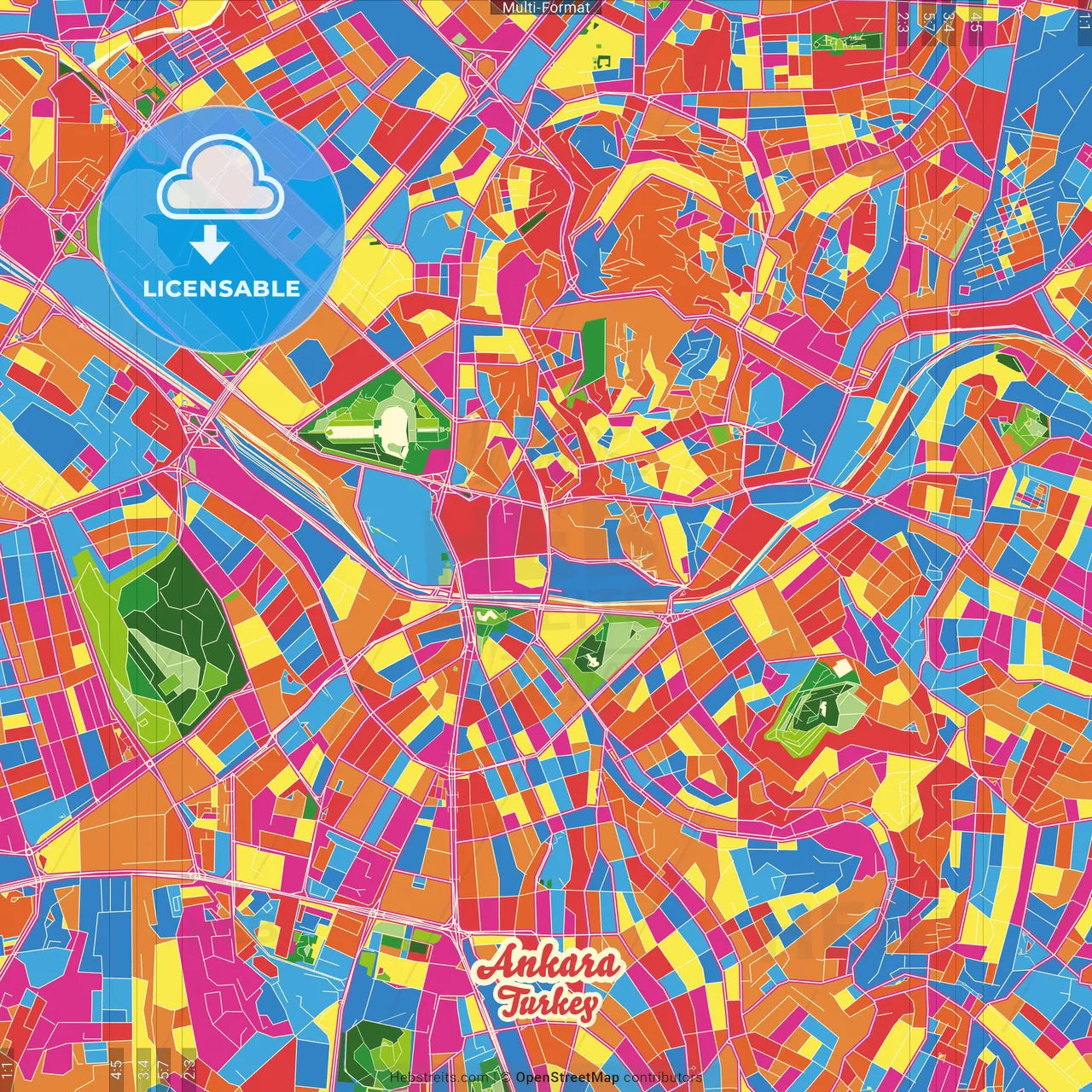 Ankara, Ankara, Turkey Crazy Colorful Street Map Poster Template