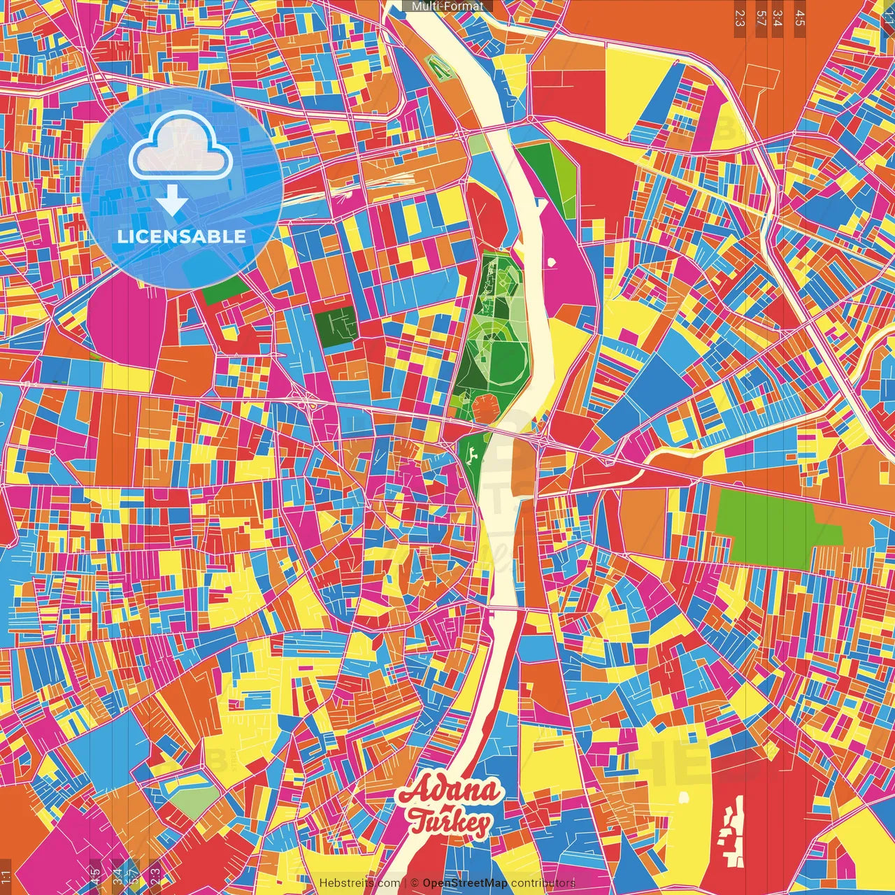 Adana, Adana, Turkey Crazy Colorful Street Map Poster Template