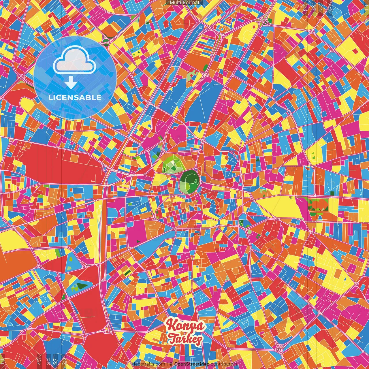 Konya, Konya, Turkey Crazy Colorful Street Map Poster Template