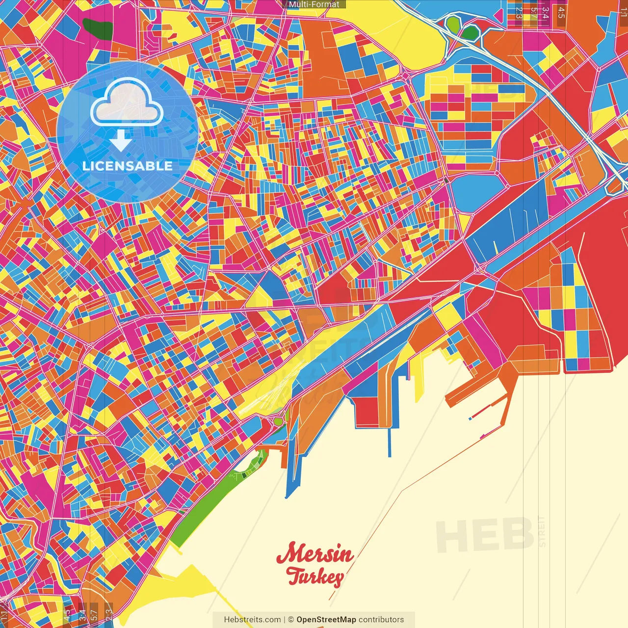 Mersin, Mersin, Turkey Crazy Colorful Street Map Poster Template