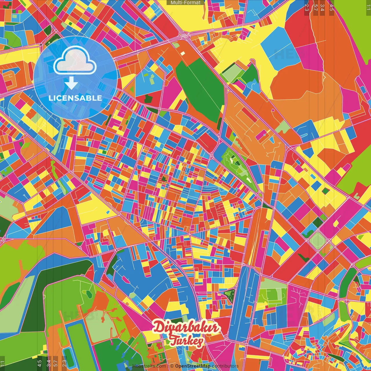 Diyarbakır, Diyarbakır, Turkey Crazy Colorful Street Map Poster Template