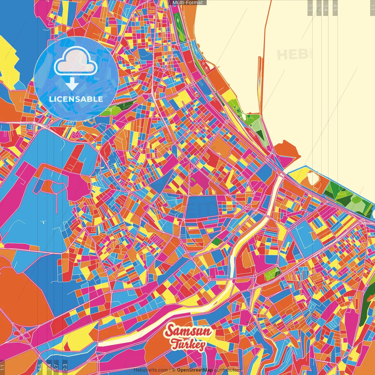 Samsun, Samsun, Turkey Crazy Colorful Street Map Poster Template