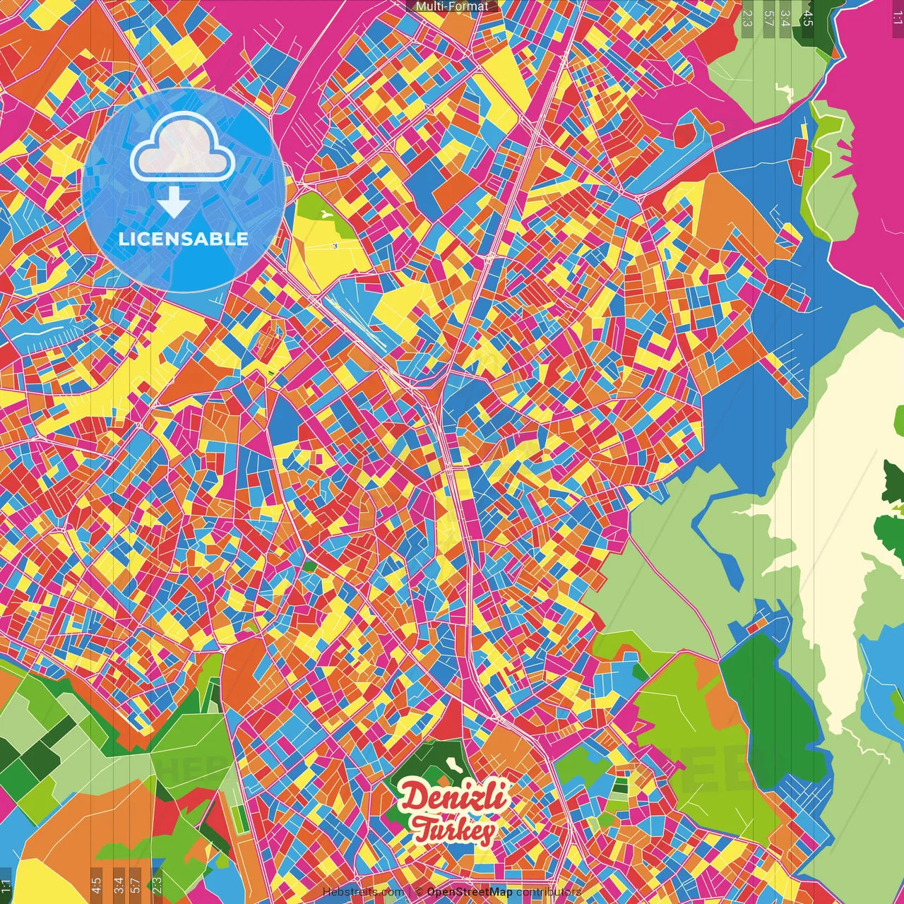 Denizli, Denizli, Turkey Crazy Colorful Street Map Poster Template