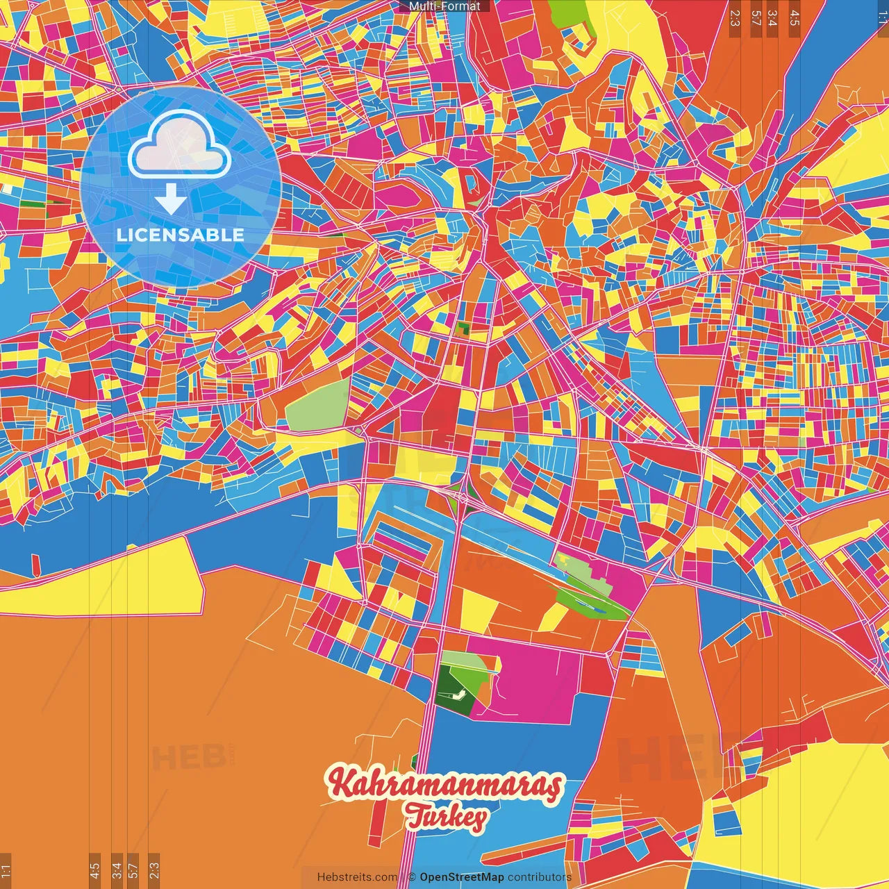 Kahramanmaraş, Kahramanmaraş, Turkey Crazy Colorful Street Map Poster Template