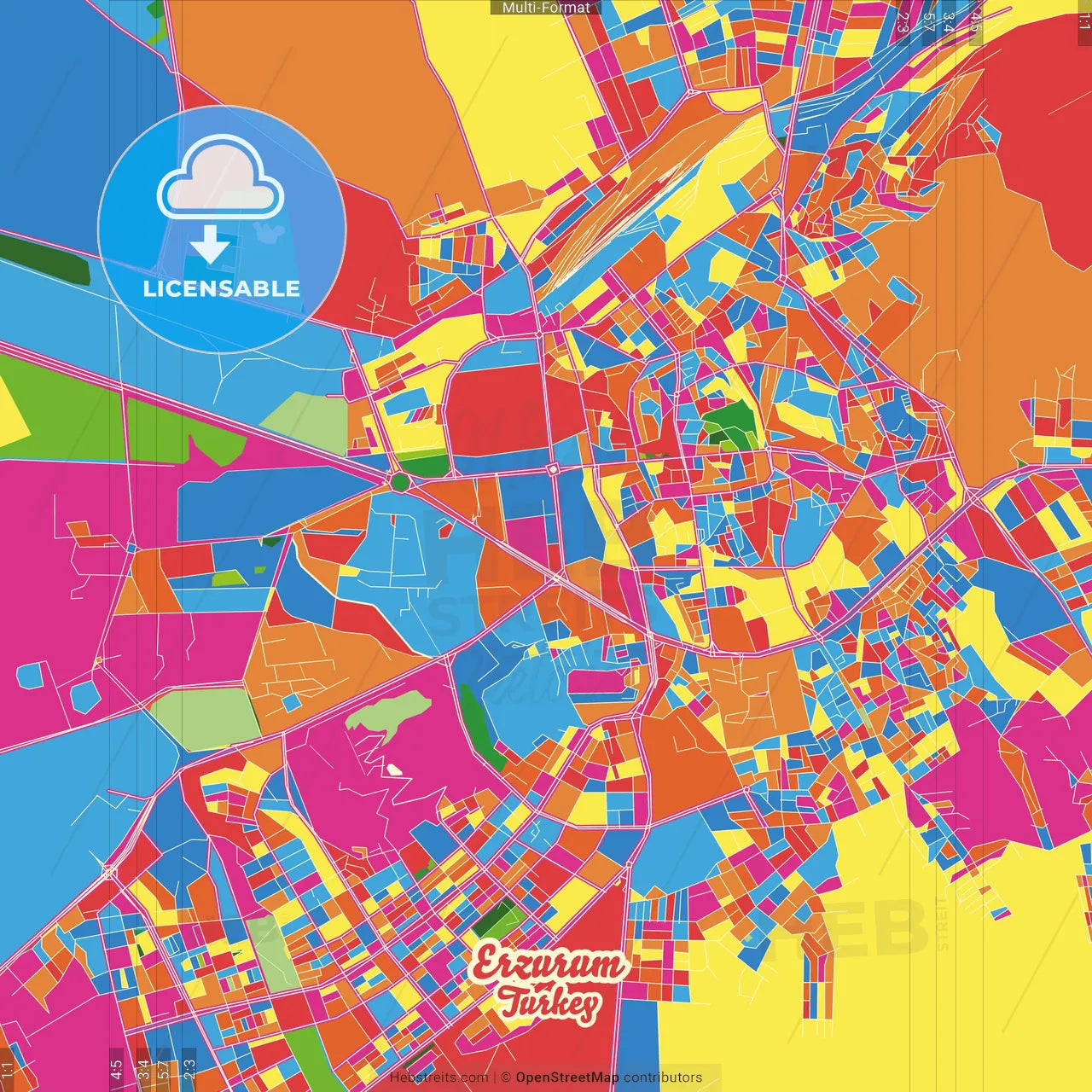 Erzurum, Erzurum, Turkey Crazy Colorful Street Map Poster Template