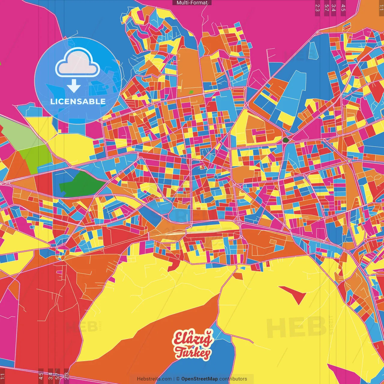 Elâzığ, Elâzığ, Turkey Crazy Colorful Street Map Poster Template