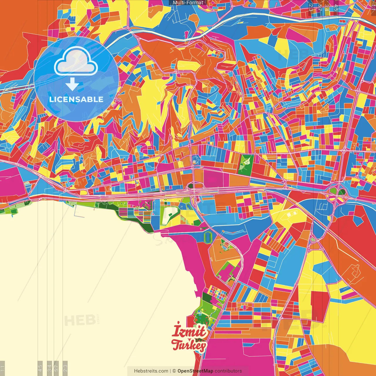 İzmit, Kocaeli, Turkey Crazy Colorful Street Map Poster Template