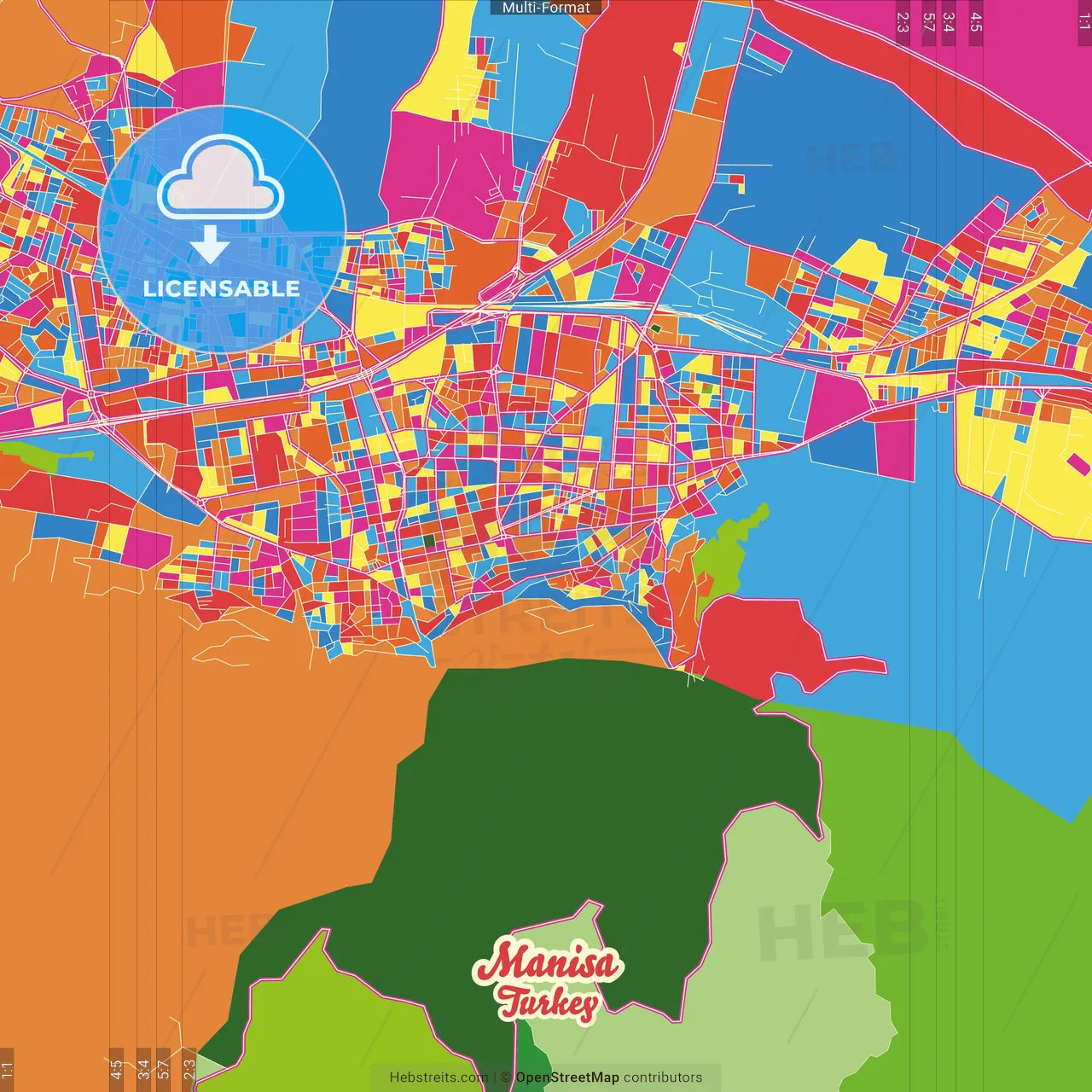 Manisa, Manisa, Turkey Crazy Colorful Street Map Poster Template