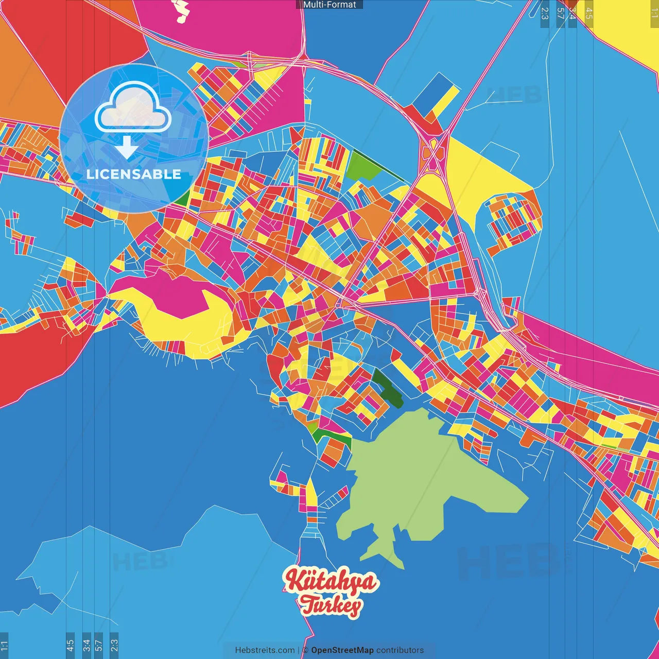 Kütahya, Kütahya, Turkey Crazy Colorful Street Map Poster Template