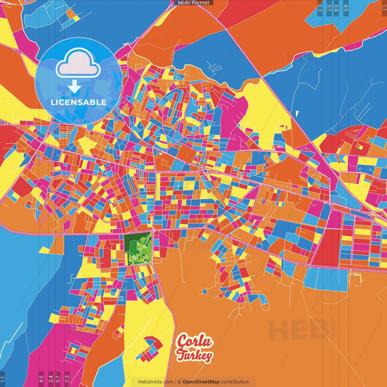 Çorlu, Tekirdağ, Turkey Crazy Colorful Street Map Poster Template