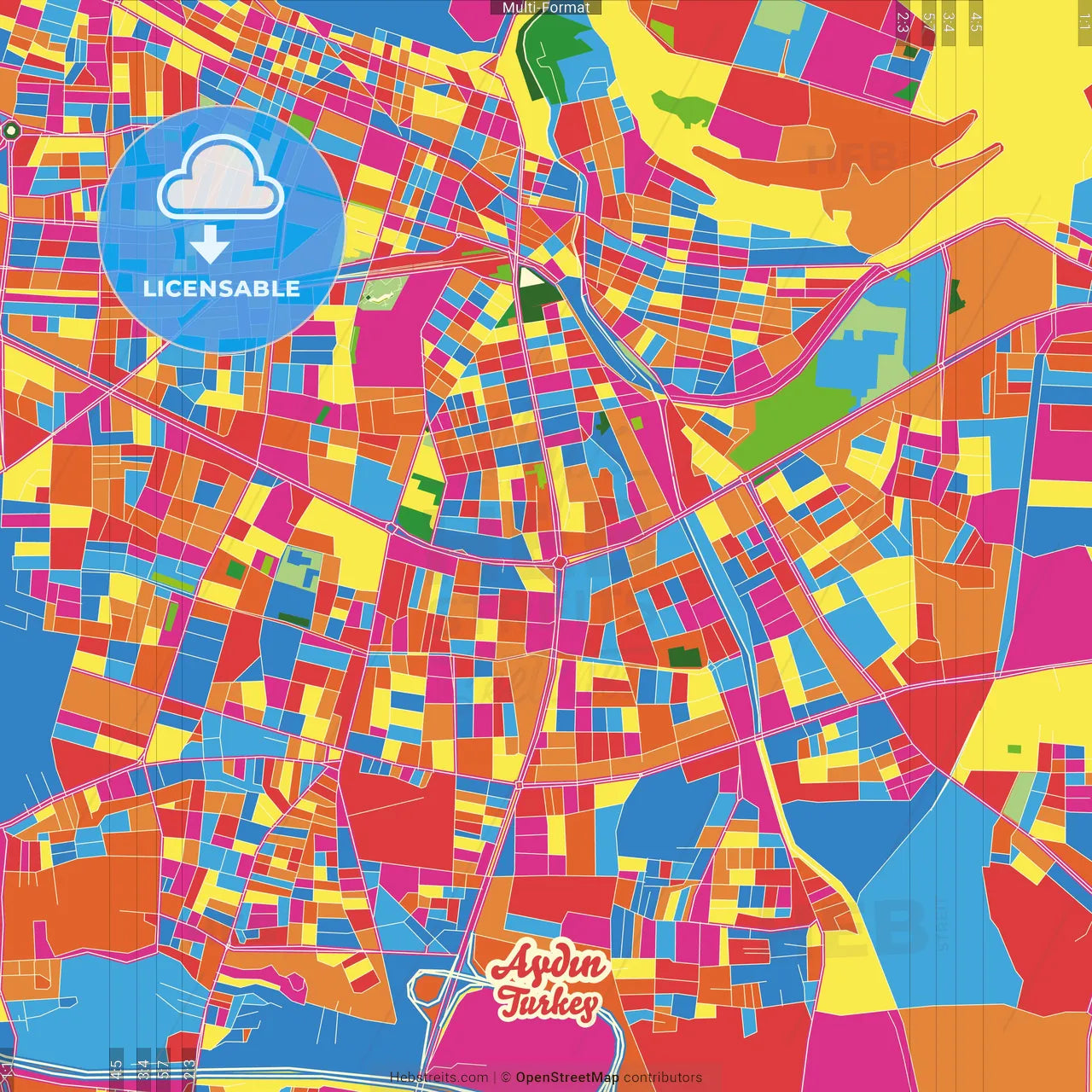 Aydın, Aydın, Turkey Crazy Colorful Street Map Poster Template