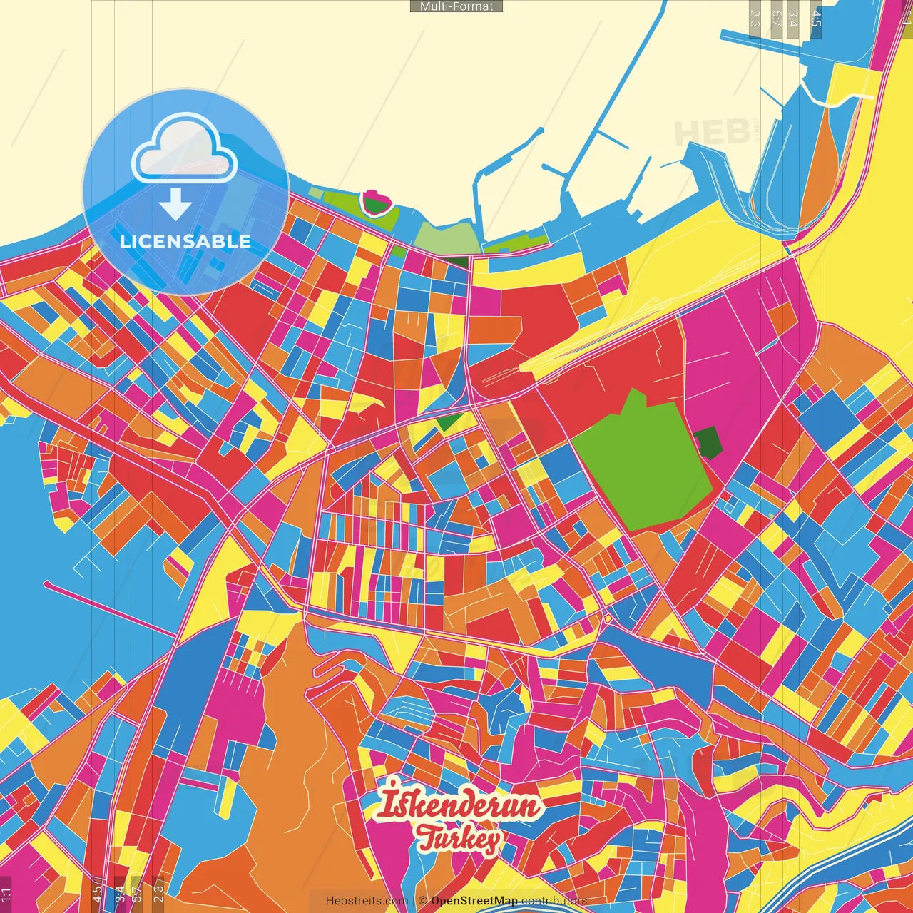 İskenderun, Hatay, Turkey Crazy Colorful Street Map Poster Template