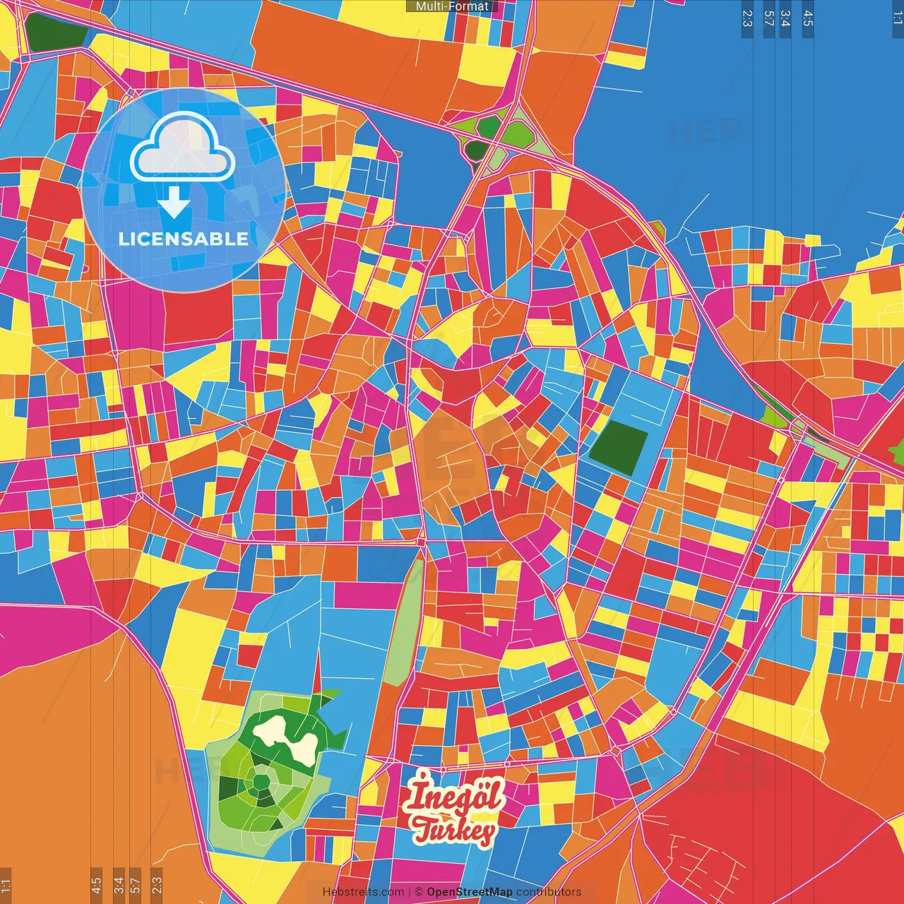 İnegöl, Bursa, Turkey Crazy Colorful Street Map Poster Template