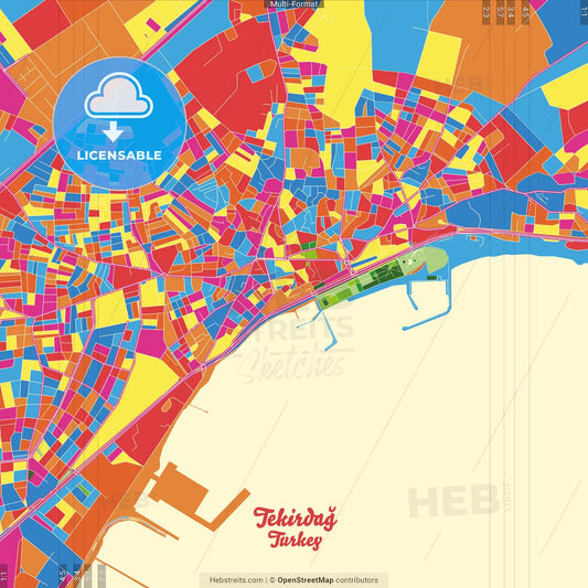 Tekirdağ, Tekirdağ, Turkey Crazy Colorful Street Map Poster Template