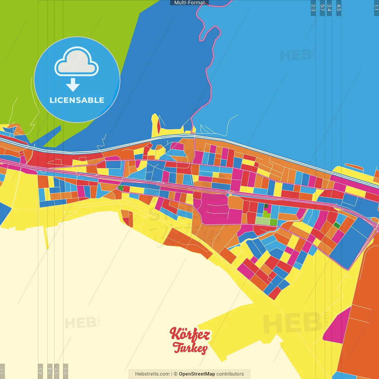 Körfez, Kocaeli, Turkey Crazy Colorful Street Map Poster Template