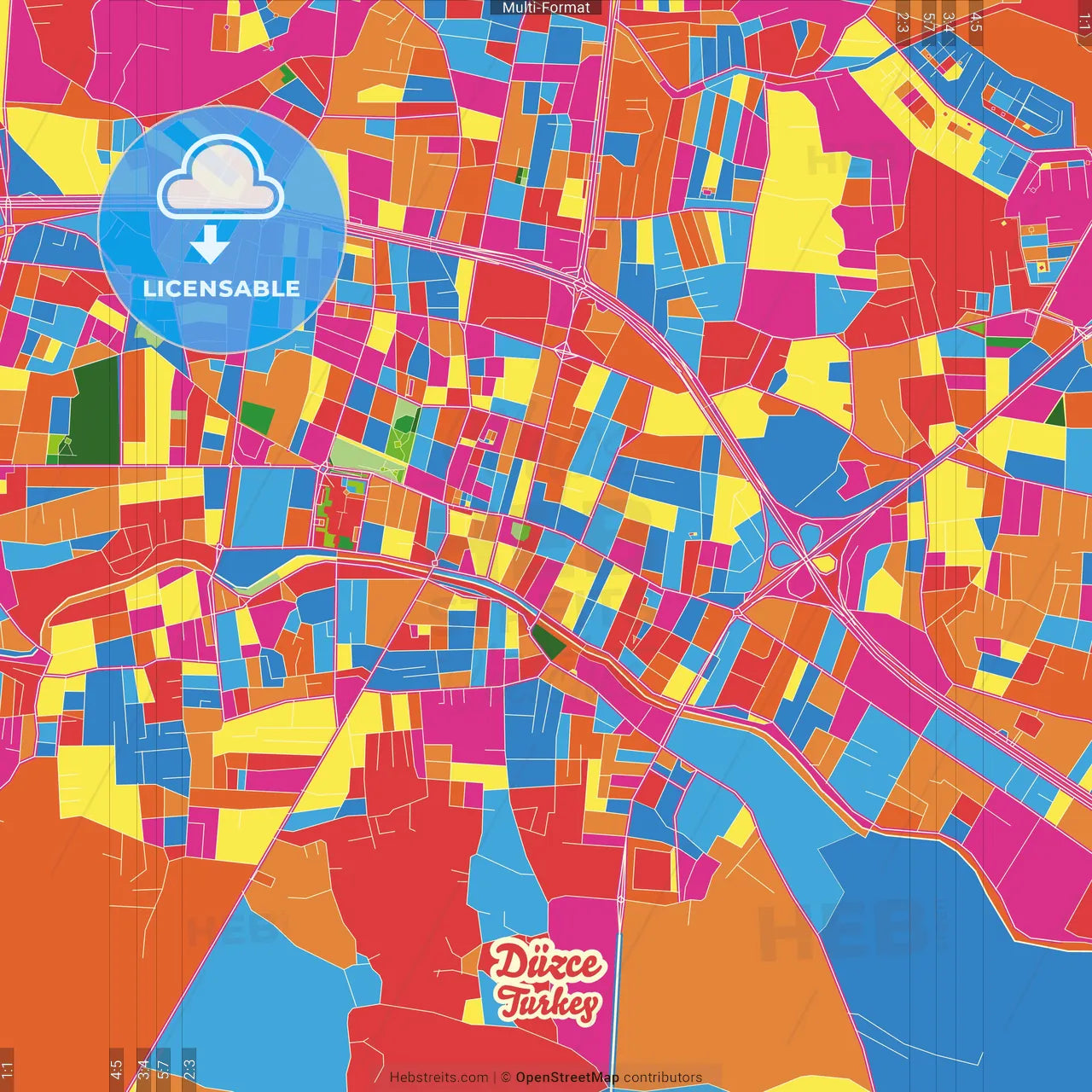 Düzce, Düzce, Turkey Crazy Colorful Street Map Poster Template