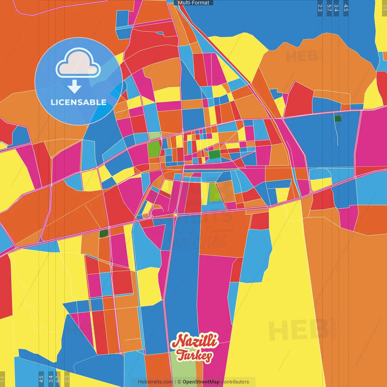 Nazilli, Aydın, Turkey Crazy Colorful Street Map Poster Template