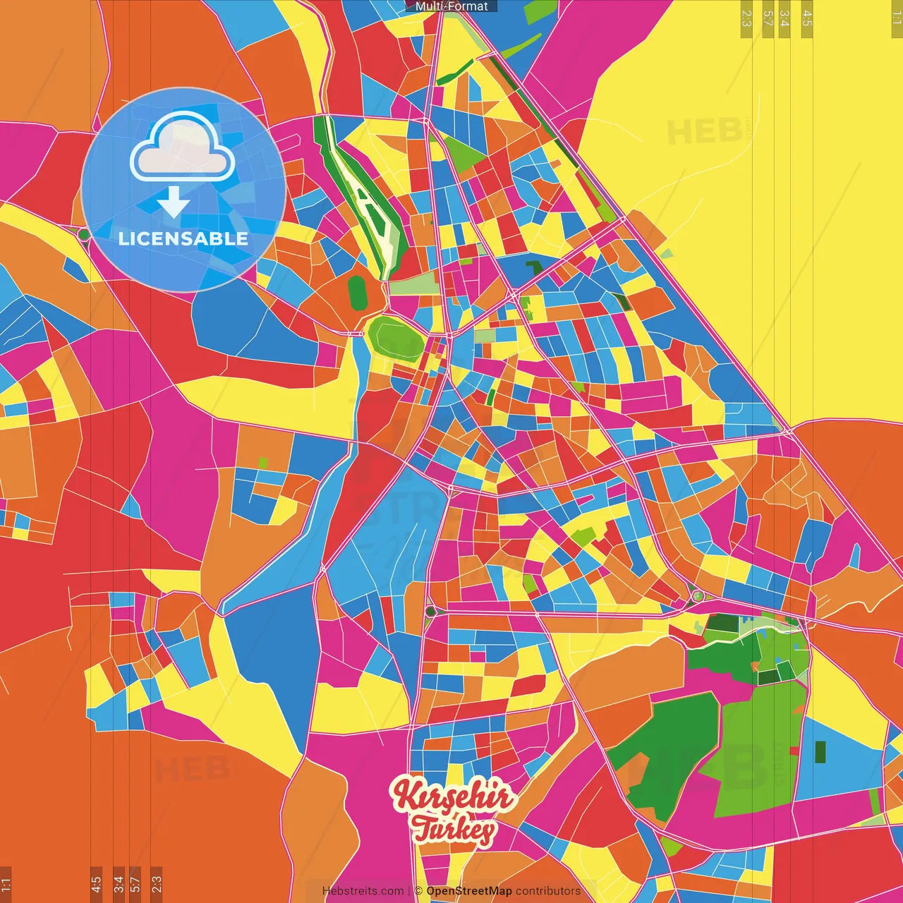 Kırşehir, Kırşehir, Turkey Crazy Colorful Street Map Poster Template