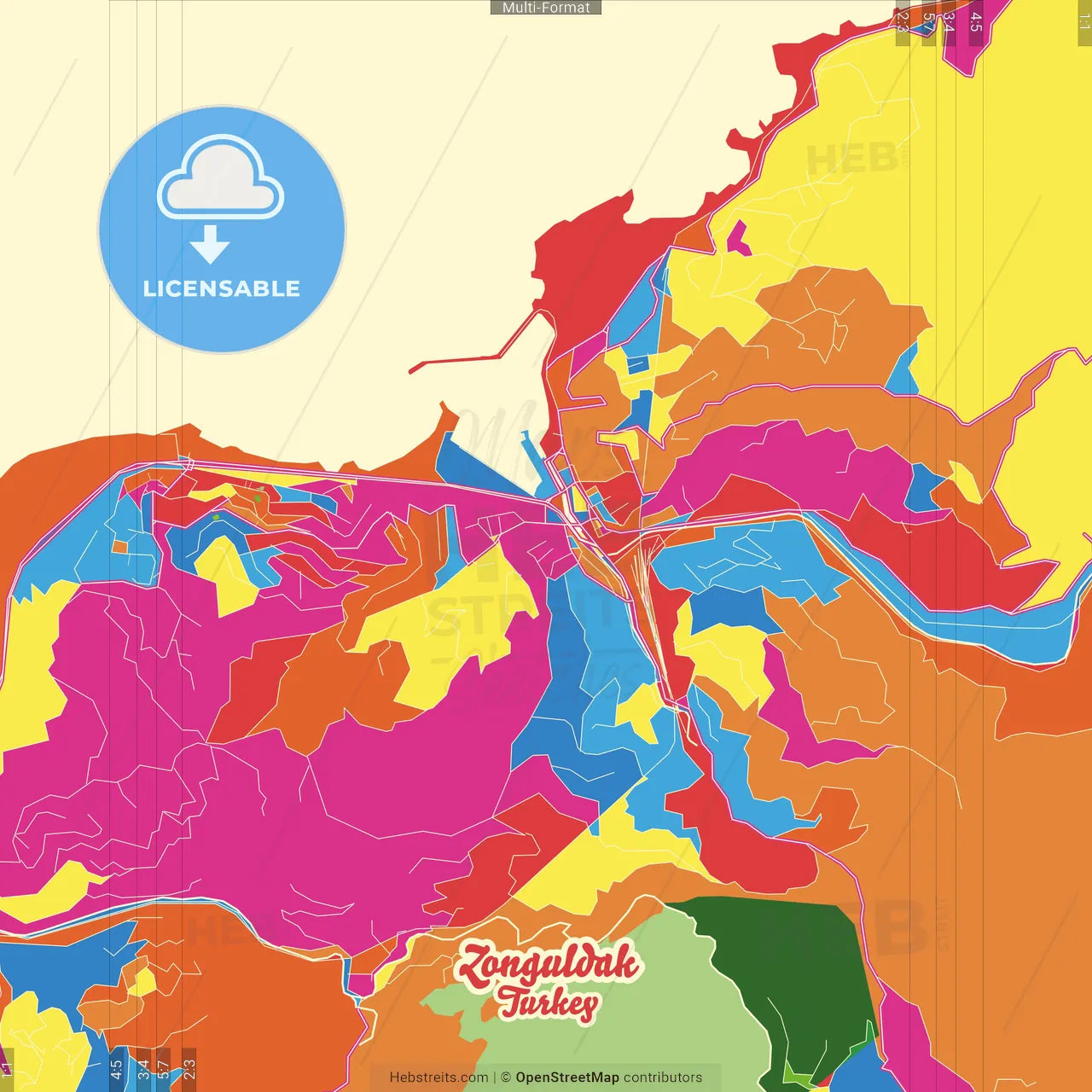 Zonguldak, Zonguldak, Turkey Crazy Colorful Street Map Poster Template